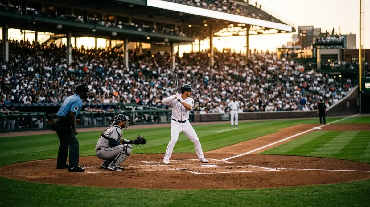 Baseballové hřiště MLB s pálkařem u domácí mety před zápasem