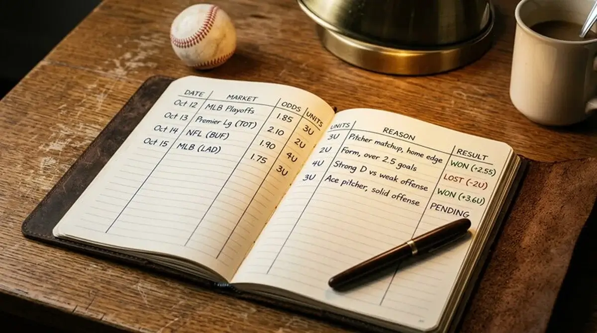Ručně vedený sázkový deník s rozepsanými řádky o jednotlivých MLB tipech