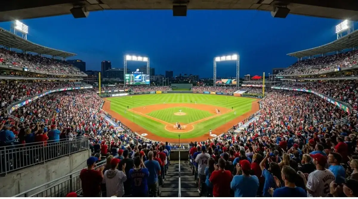 Zaplněný stadion MLB při večerním zápase pod světly s viditelnými diváky v hledišti