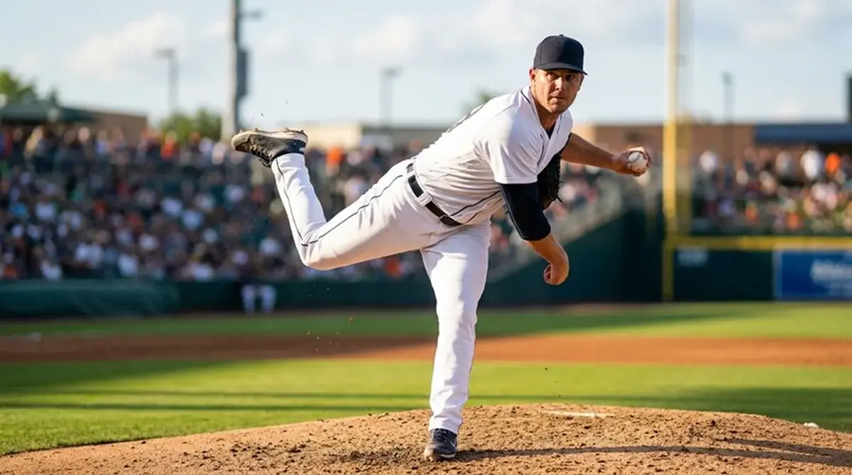 Startovní nadhazovač MLB v plné dráze hodu z nadhazovačského kopečku