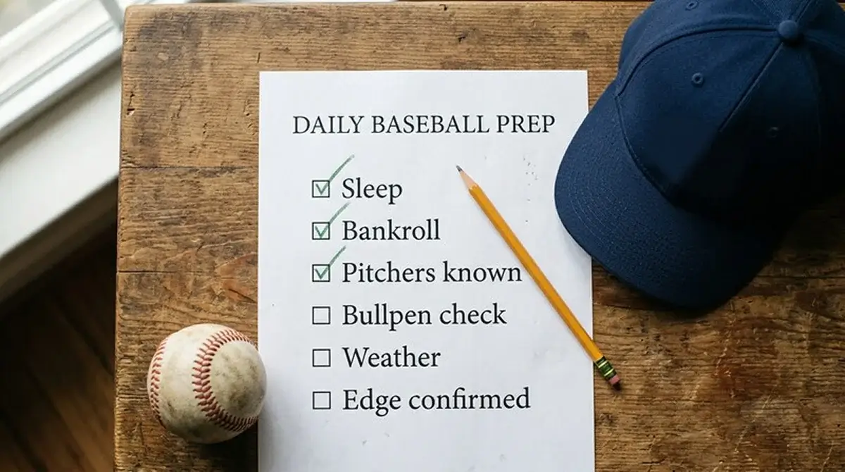 Tištěný pre-bet checklist se zaškrtnutými body vedle baseballové čepice a tužkou